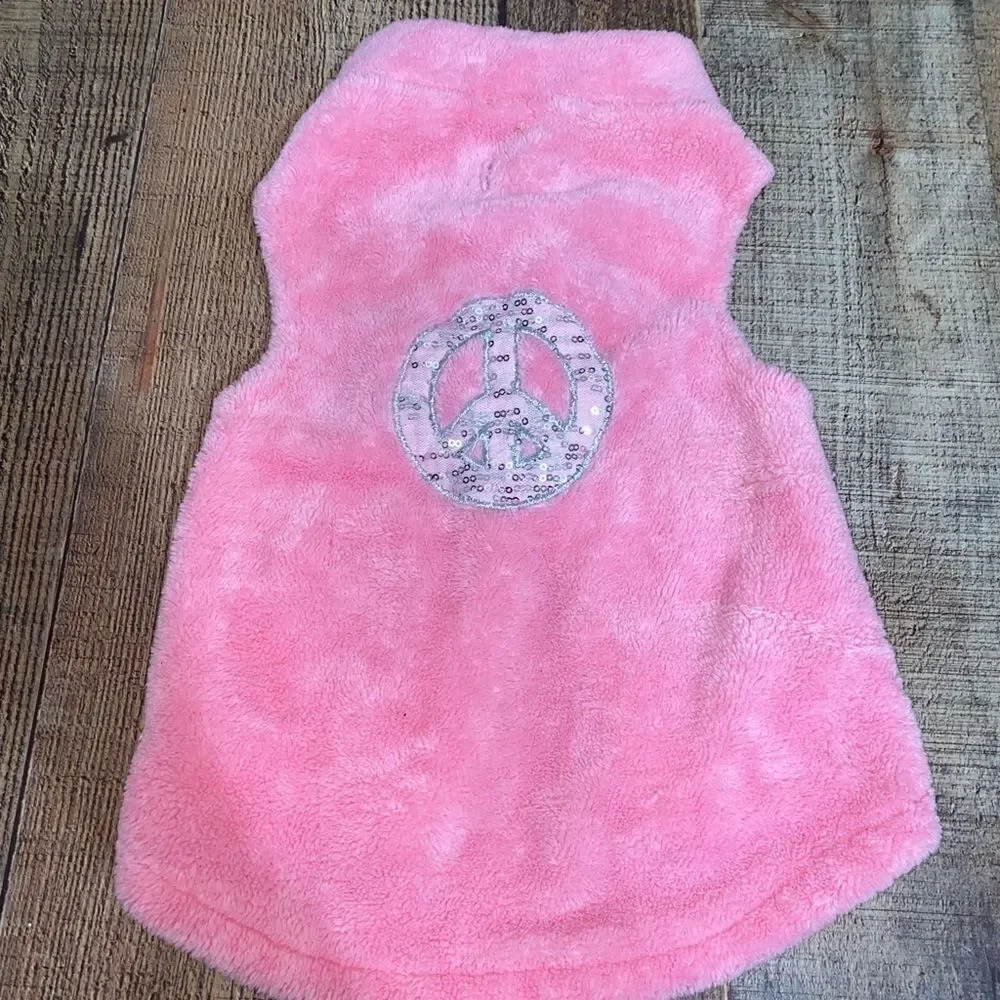 Fuzzy pet dog sweater jacket pink sequin‎ peace sign large